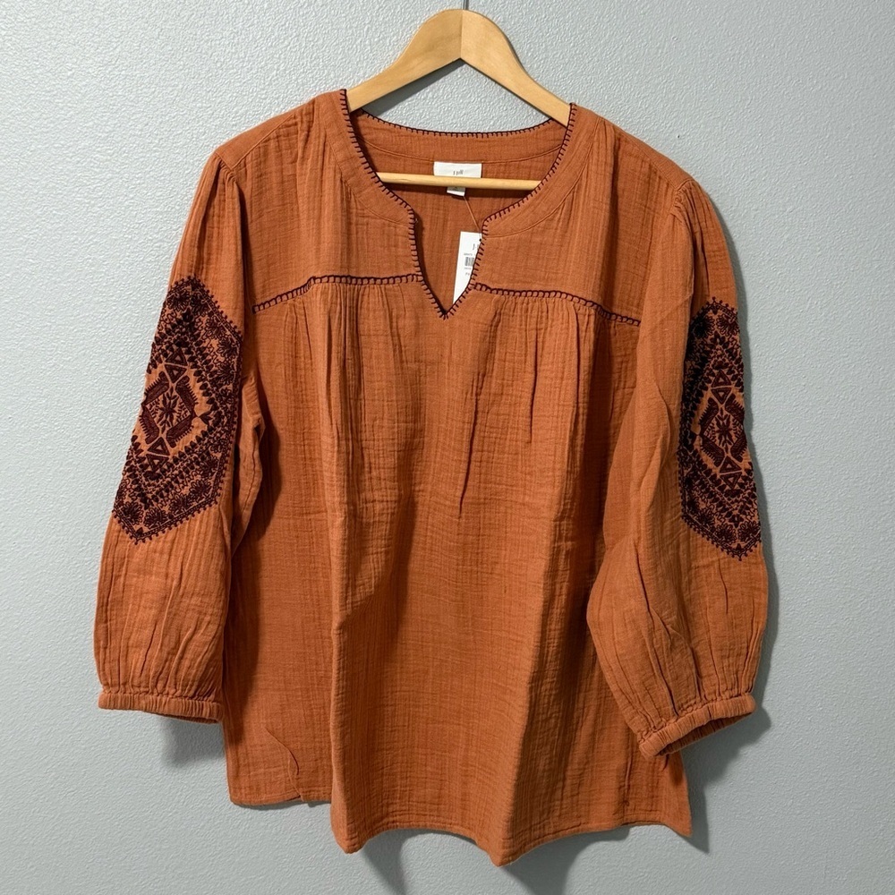 J. Jill Terracotta Cotton Gauze Blouse with Embroidered Sleeves - Picture 3 of 9